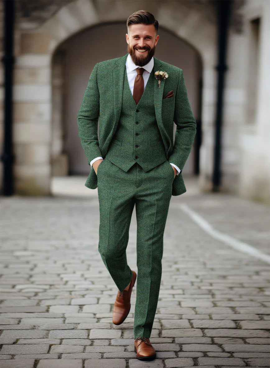 URBAN CART Article 2517 Bottle Green Herringbone Tweed Suit